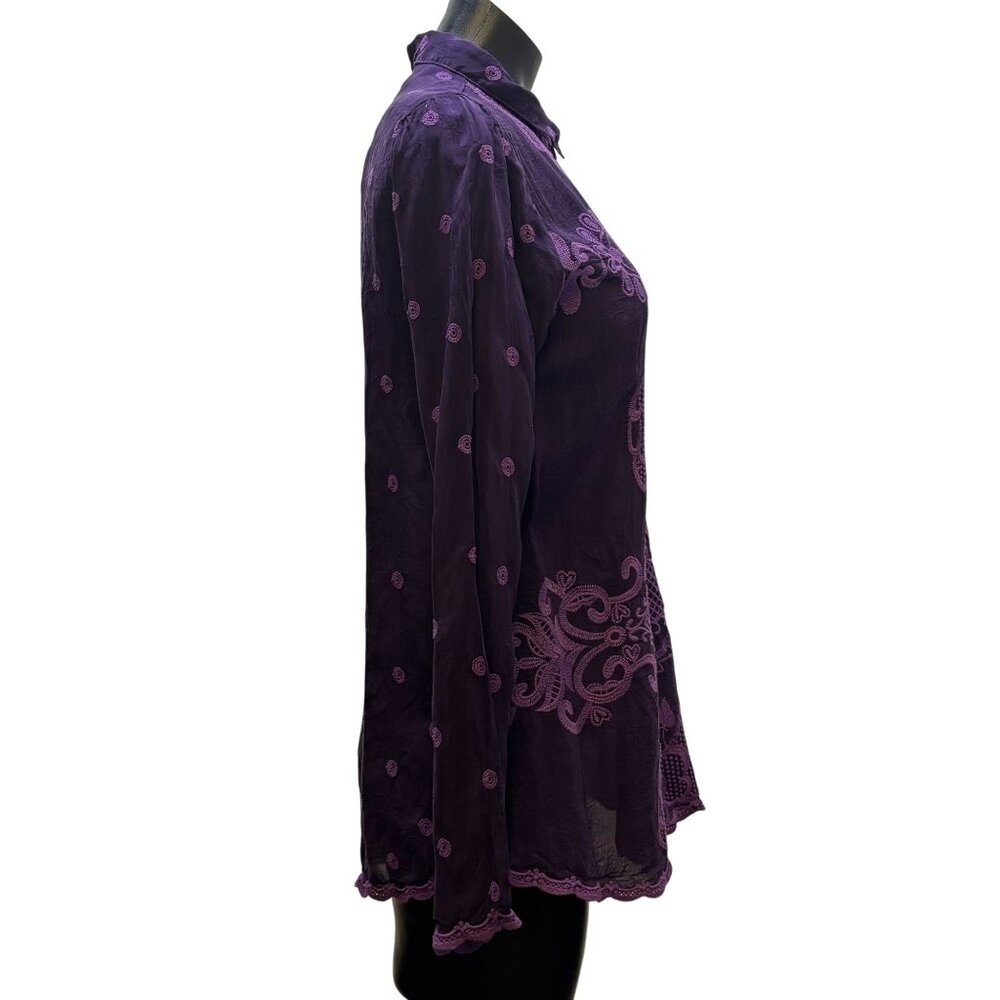 Johnny Was Embroidered Silk Blouse Wine XS Long Sleeve Button Front - Picture 3 of 7